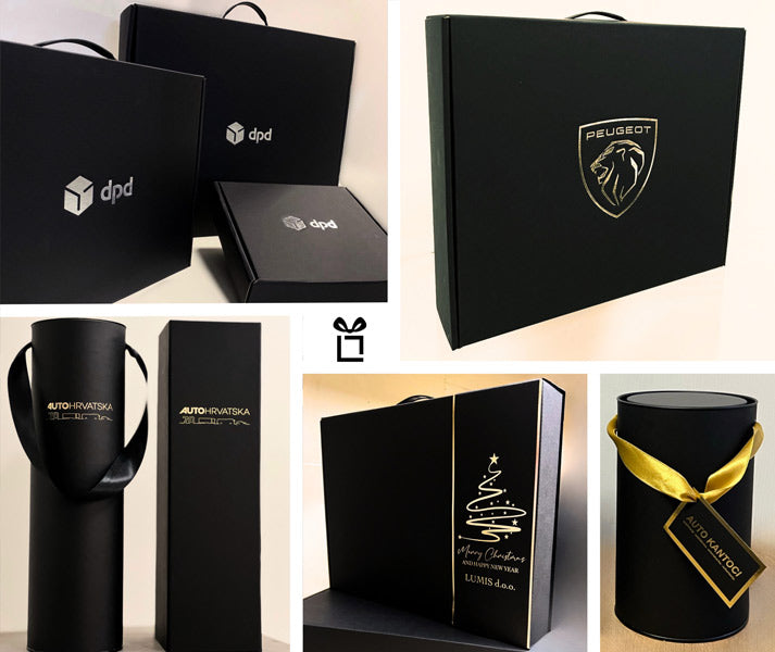 Detail of black Peugeot gift packaging with the lion emblem, from the original project collage.